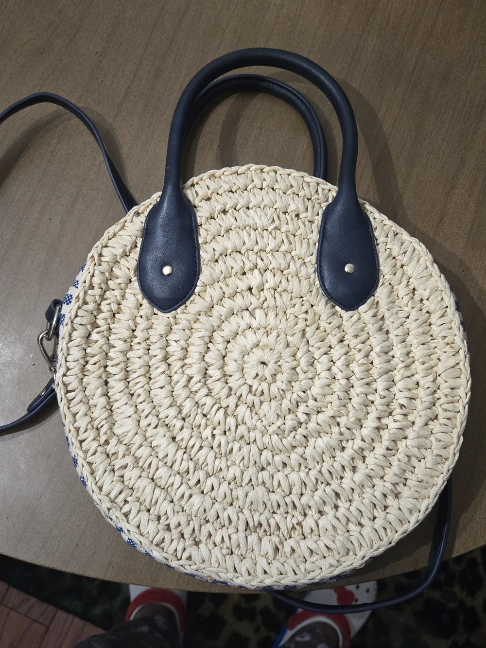 Talbots Round Straw Crossbody with Navy Trim and Handles